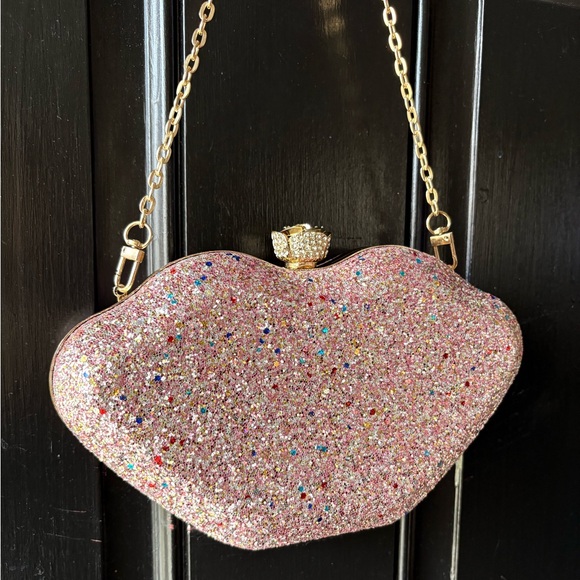 Handbags - Pink Glitter Lip Shaped Clutch Chain Purse